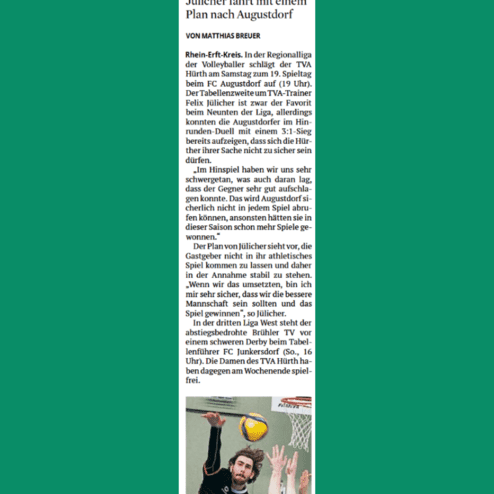 Artikel über den Volleyballclub TVA Hürth, bevorstehendes Spiel gegen FC Augustdorf mit Einschätzungen des Trainers.
