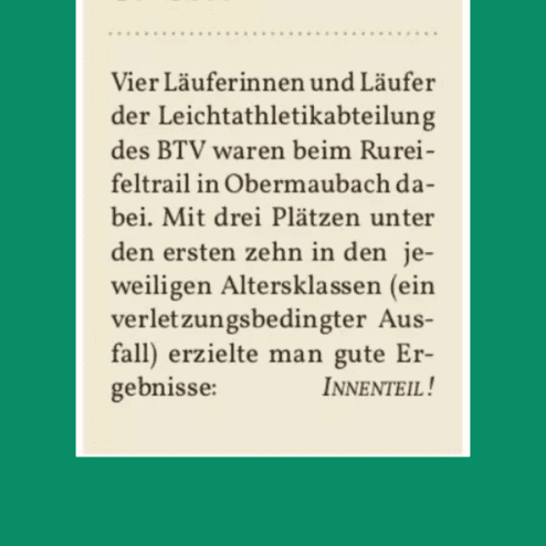 Textausschnitt über Sportergebnisse der Leichtathletikabteilung des BTV beim Rureifeltrail in Obermaubach.