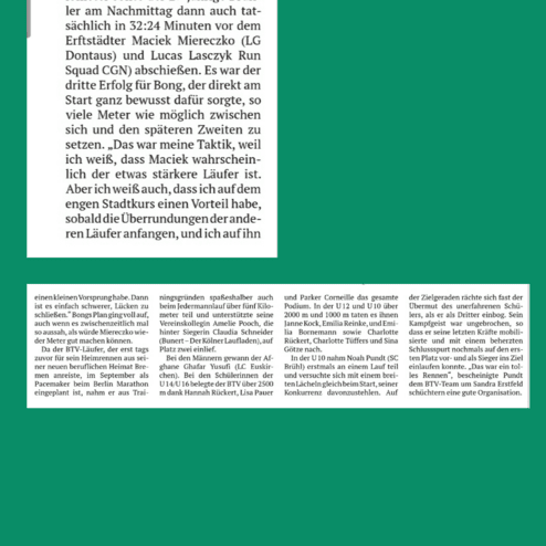 Artikel über einen Laufwettbewerb mit Ergebnissen und Taktikanalysen der Teilnehmer, abgedruckt im Kölner Stadt-Anzeiger.