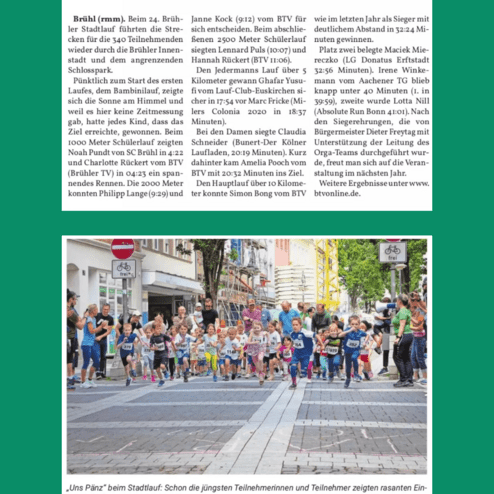 Eine Gruppe von Kindern rennt beim Brühler Stadtlauf, umgeben von Zuschauern und einer städtischen Kulisse.