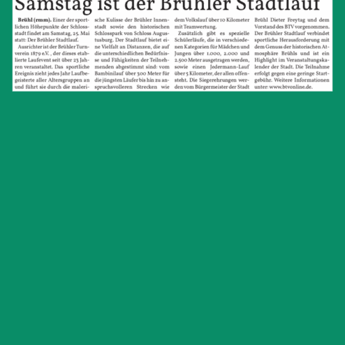 Ankündigung des Brühler Stadtlaufs am 25. Mai, inklusive Streckenvariationen für alle Altersgruppen und Informationen.