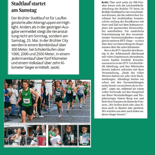 Teilnehmer des Brühler Stadtlaufs starten auf der Straße, während Zuschauer die Veranstaltung verfolgen.