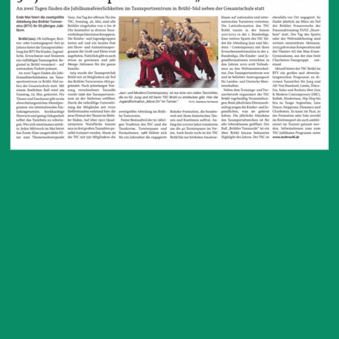 Artikel über 50 Jahre Tanzsport in Brühl, mit Highlights und Veranstaltungen des Brühler Turnvereins im Tanzsportzentrum.