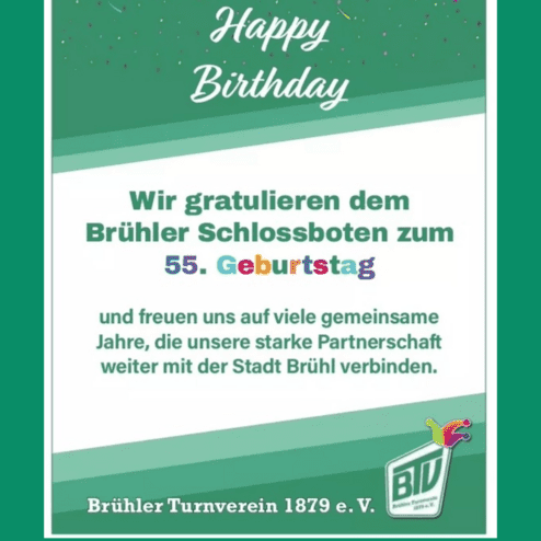 Glückwunschkarte zum 55. Geburtstag des Brühler Schlossboten, gestaltet mit bunten Dekorationen und Text.