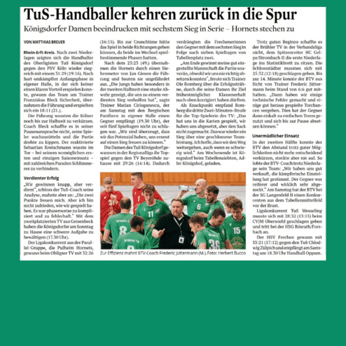 Artikel über ein Handballspiel der TuS Königsdorf mit Analyse und Spielergebnissen in einer Zeitung.