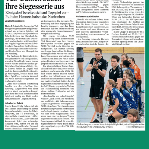 Artikel über das Damenhandballteam TuS Königsdorf, das sich auf ein Topspiel vorbereitet.