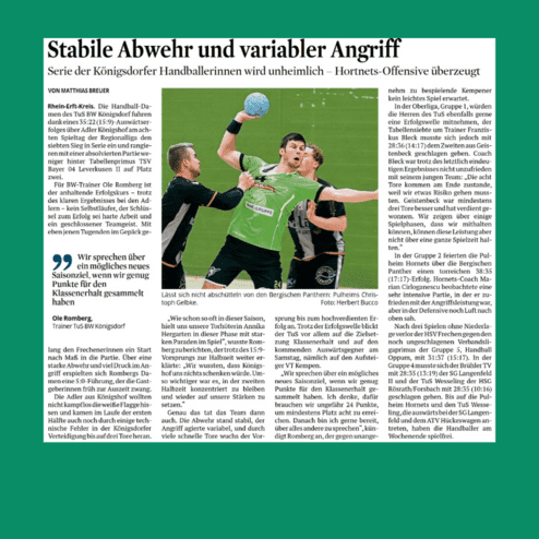 Artikel über Handballmannschaft mit Spielberichten, Trainerzitaten und Analyse der Teamleistung im Kölner Stadt-Anzeiger.