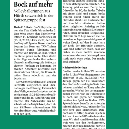 Artikel über Volleyballmannschaft TVA Hürth, die in der 3. Liga gegen FC Leschede gewinnt. Themen: Teamleistung, Motivation.