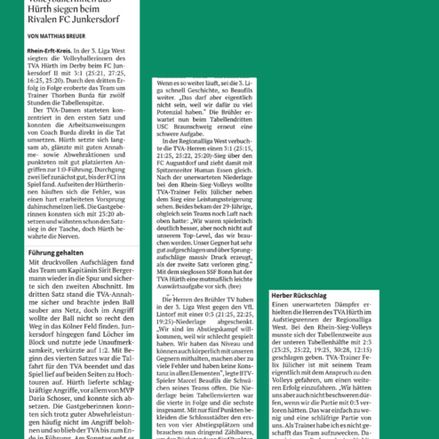Artikel über ein Volleyballspiel der Damenmannschaft von TVA Hürth gegen den FC Junkersdorf, veröffentlicht im Kölner Stadt-Anzeiger.