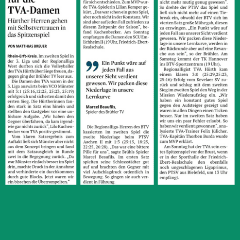 Artikel über die Ergebnisse und Spielerbewertungen im Volleyballspiel der TVA-Damen und Herren.
