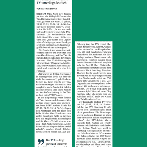 Artikel über die Volleyballmannschaft TVA Hürth, die in Osnabrück gegen Brühler TV 2:3 unterliegt.