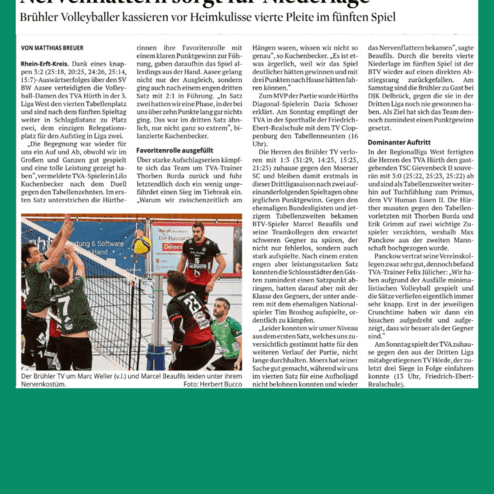 Artikel über das Volleyballspiel der Brühler Damen, das mit einer Niederlage endete, inkl. Spielergebnisse und Analysen.