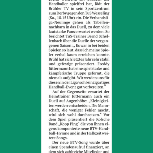 Artikel über ein Handball-Derby zwischen dem Brühler TV und dem TuS Wesseling mit Fan-Erwartungen und musikalischen Beiträgen.