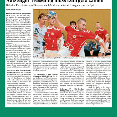 Bericht über ein Handballspiel zwischen Pulheim Hornets und SG Langenfeld mit Spieleraktionen und Trainerkommentaren.