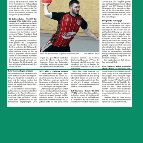 Artikel über ein Handballspiel zwischen HSV Frechen und anderen Teams mit Ergebnissen und Spielanalysen.
