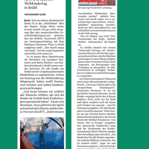 Text über eine Veranstaltung zum Weltkindertag in Brühl mit Spielen, Akrobatik und Kinderspaß.