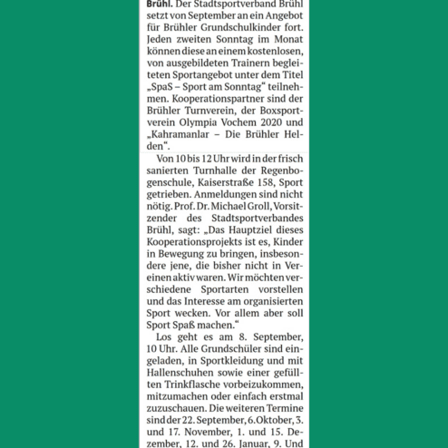 Ankündigung eines kostenlosen Sportangebots für Brühler Grundschulkinder in der Turnhalle der Regenbogenschule.