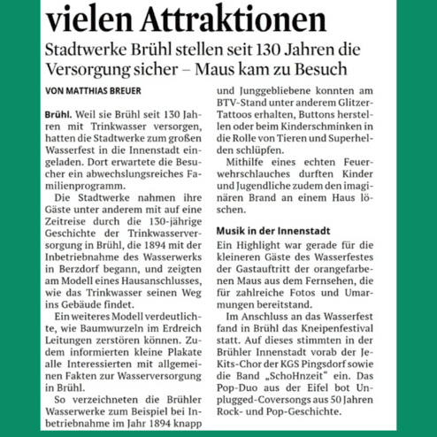 Artikel über das Wasserfest in Brühl, das 130 Jahre Trinkwasserversorgung feiert, mit verschiedenen Attraktionen.