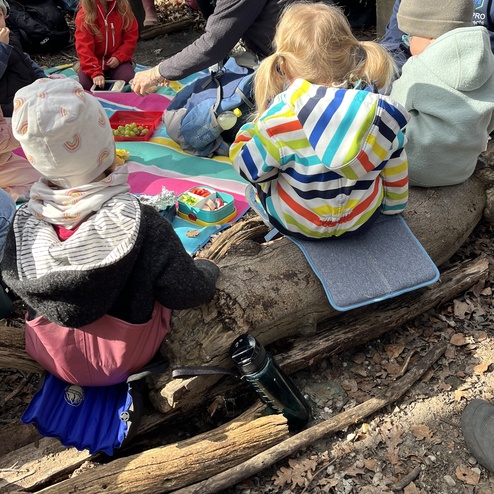 Gruppe von Kindern und Erwachsenen sitzt auf dem Boden im Wald, umgeben von B&auml;umen, bei einer gemeinsamen Aktivit&auml;t.