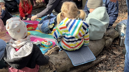 Gruppe von Kindern und Erwachsenen sitzt auf dem Boden im Wald, umgeben von B&auml;umen, bei einer gemeinsamen Aktivit&auml;t.