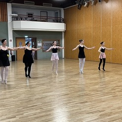 Sechs Ballettt&auml;nzerinnen in Schwarz und Rosa stehen in einer Reihe und &uuml;ben in einem Tanzsaal mit Holzfu&szlig;boden.