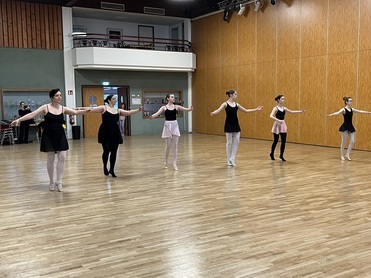 Sechs Ballettt&auml;nzerinnen in Schwarz und Rosa stehen in einer Reihe und &uuml;ben in einem Tanzsaal mit Holzfu&szlig;boden.