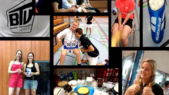 Collage mit Badminton-Events: Spieler, Teams, Spiele, Snacks und Geselligkeit in verschiedenen Sportumgebungen.