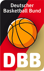 Logo des Deutschen Basketball Bundes mit stylisiertem Basketball und den Buchstaben „DBB“ in rot, schwarz und gold.