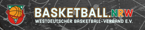 Logo des Westdeutschen Basketball-Verbands e.V. mit einem Basketball und dem Text „BASKETBALL.NRW“ auf einem dunklen Hintergrund.