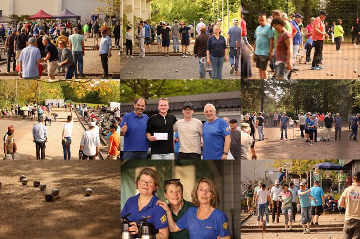 Impressionen Schlossstadt-Turnier Vielbelebte Boule-Bahn mit Spielern, Zuschauern, einer Siegerehrung und Personen im Gespräch. Herbsträuliche Stimmung.