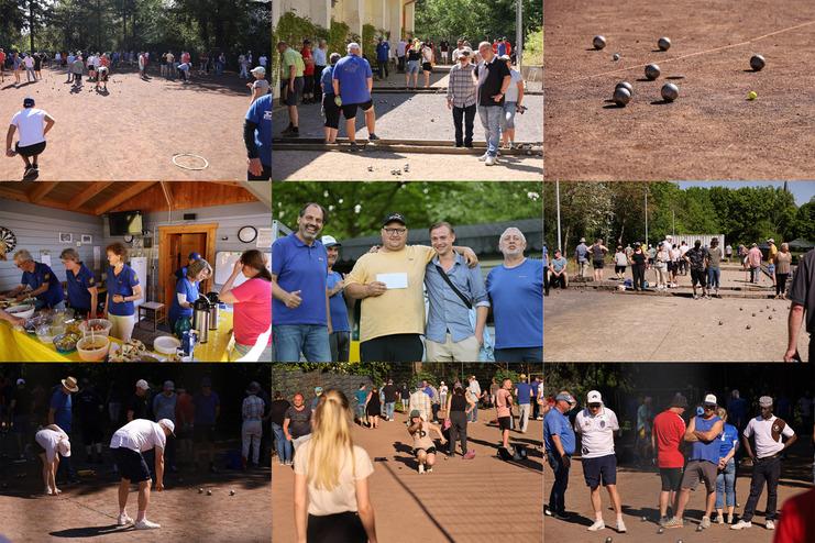 Gruppenspiele im Freien mit Teilnehmern, die Boule werfen, und einem Buffetbereich für Essen und Getränke.