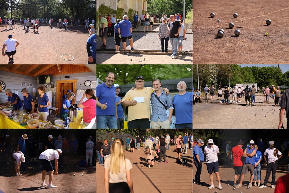 Gruppenspiele im Freien mit Teilnehmern, die Boule werfen, und einem Buffetbereich für Essen und Getränke.