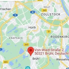Karte von Köln mit markierter Adresse in Brühl, Deutschland, und umliegenden Straßen.