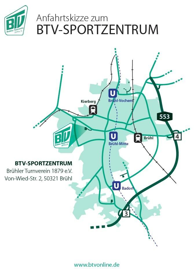 Karte zur Anfahrt des BTV-Sportzentrums in Brühl mit U-Bahn-Stationen und Straßenverlauf.