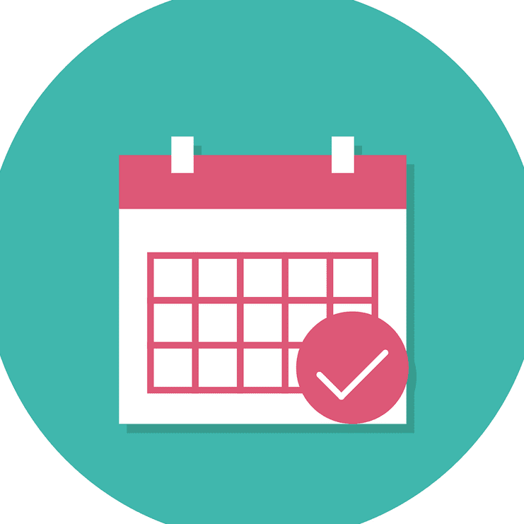 Grafische Darstellung eines Kalenders mit einem Häkchen auf einem blauen Hintergrund.