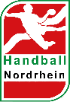 Logo von Handball Nordrhein mit stilisierter Figur, die einen Ball wirft, in Rot und Grün.