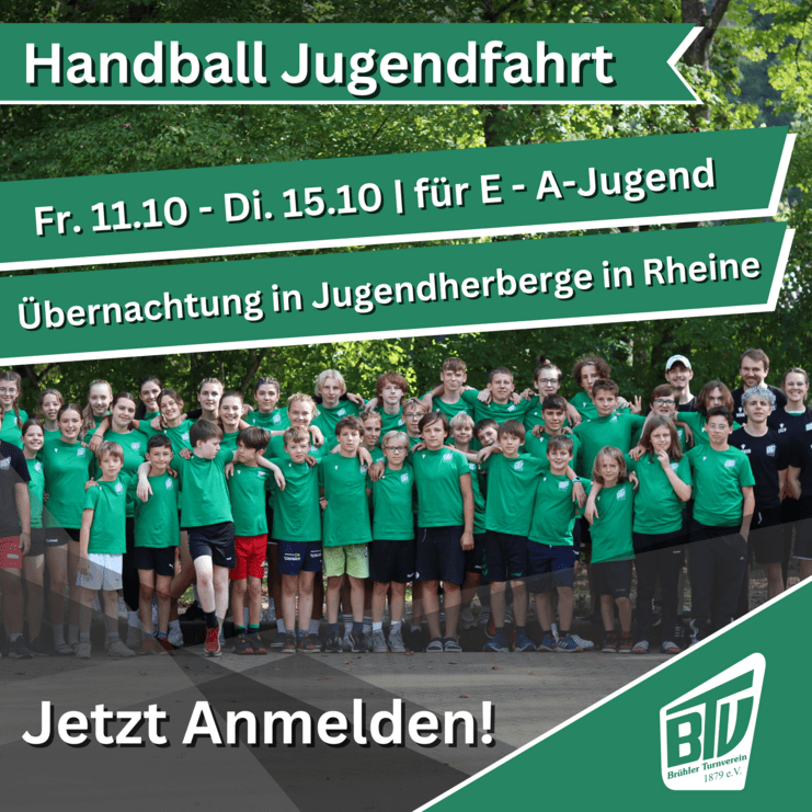 Gruppenshot von Jugendlichen in grünen T-Shirts mit Informationen zur Handball-Jugendfahrt in Rheine.
