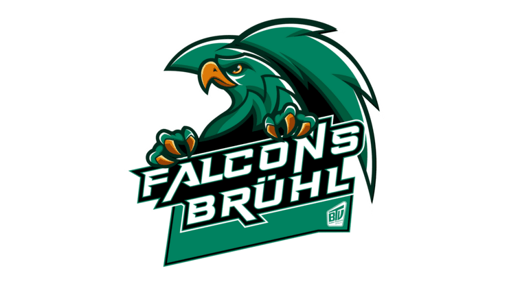 Logo der Falcons Brühl mit grünem Falken und Schriftzug auf schwarzem Hintergrund.