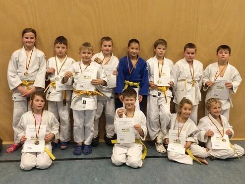 Gruppe von zwölf Kindern in Judoanzügen mit Medaillen und Urkunden, aufgestellt vor einer Holzwand.