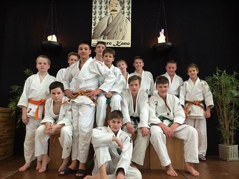 Gruppe von zwölf Jugendlichen in Judoanzügen, vor einem Wandbild mit einer asiatischen Figur und Pflanzen.