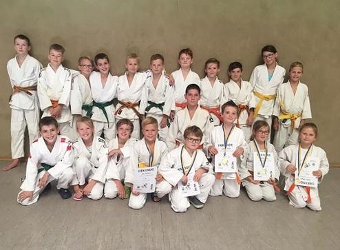 Gruppenshot von Kindern in Judokimonos, die stolz Medaillen und Urkunden nach einem Wettkampf präsentieren.