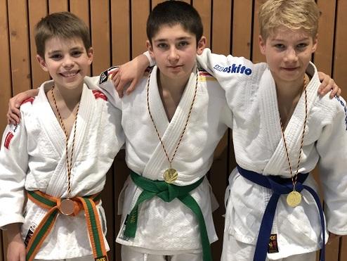 Drei Jungen in Judogi mit Medaillen stehen lächelnd vor einer Holzwand. Jeder trägt einen anderen Gürtel: orange, grün und blau.
