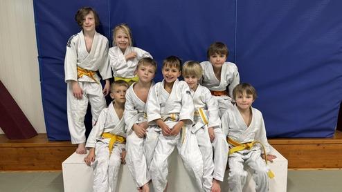 Gruppe von acht Kindern in weißen Judoanzügen mit gelben Gürteln, sitzend und stehend auf einer Trainingsfläche.