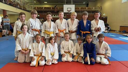 Gruppe von etwa 15 Kindern in Judo-Anzügen, lächelnd auf einer blauen und roten Judomatte versammelt.