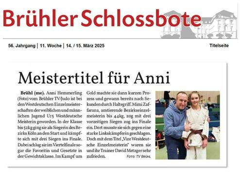 Bild zeigt Anni Hemmerling mit Trainer David Metzger, beide im Judo-D制服, nach ihrem Gewinn des Meistertitels.