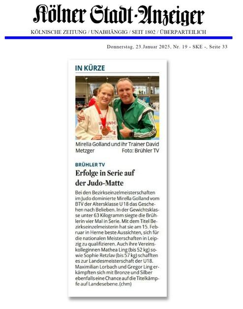 Bild zeigt Mirella Golland mit Medaille und Trainer David Metzger im Sportumfeld nach einem Judowettkampf.