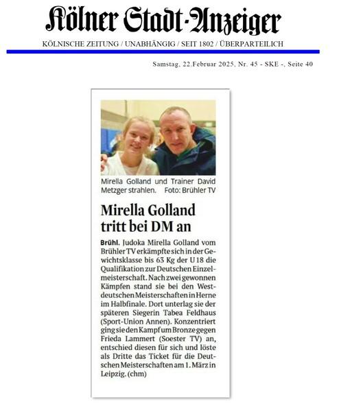 Nahaufnahme von Judoka Mirella Golland und Trainer David Metzger, lächelnd, in einer Sporthalle. Kölner Stadt-Anzeiger.
