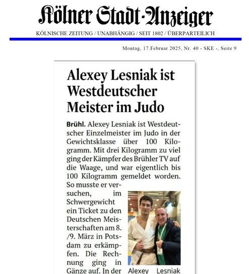 Artikel über Alexey Lesniak, Westdeutscher Meister im Judo, mit Foto von ihm und einem Mann in Judokleidung.