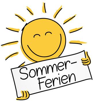 L&auml;chelnde Sonne h&auml;lt ein Schild mit der Aufschrift &bdquo;Sommerferien&ldquo; vor einem strahlenden Hintergrund.