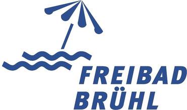 Logo des Freibads Br&uuml;hl mit Sonnenschirm und Wellenmotiv in blauer Schrift.